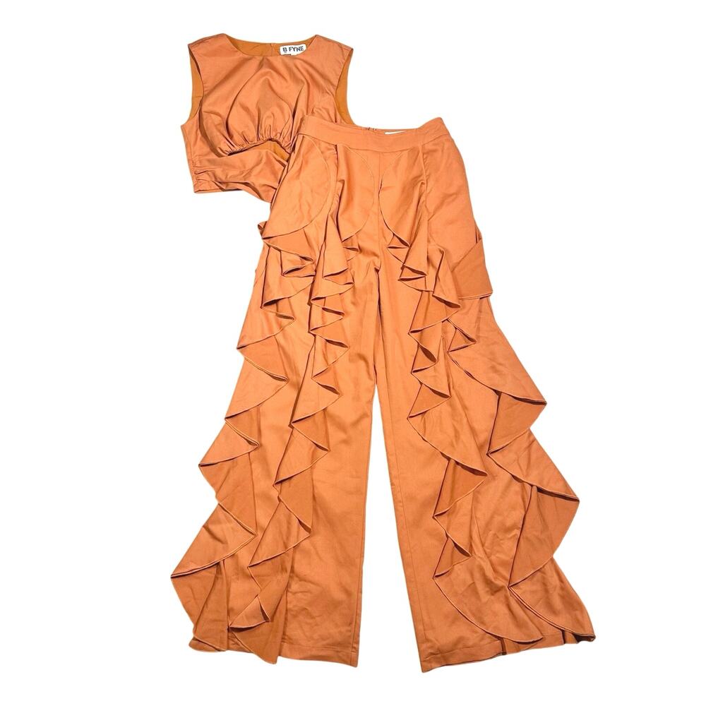 BFYNE | Women | Dara Cascade Ruffle Orange Sleeveless Cropped Top Pant Set | S-M - Picture 5 of 15